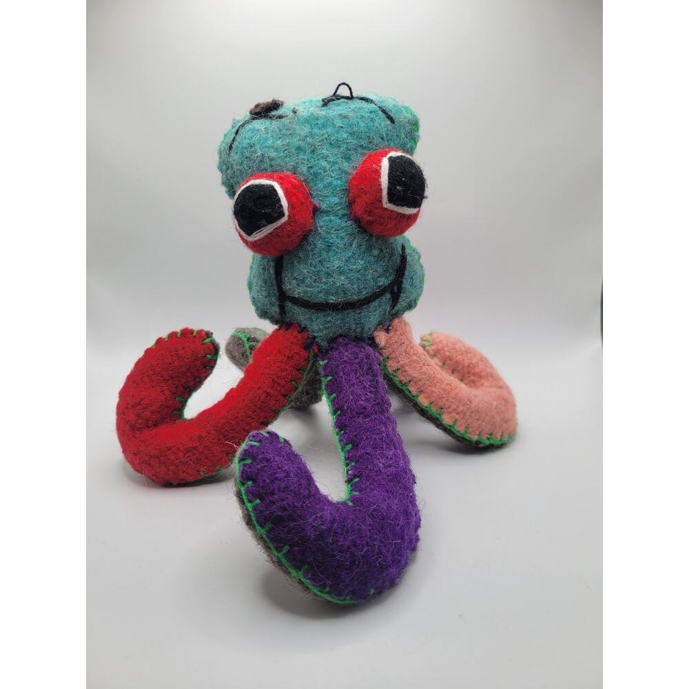 Needle Felted Smiling Octopus Colorful Unique 8" Handmade